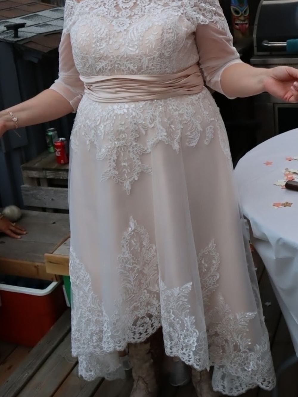 JJs House Blush Off-Shoulder Lace High-Low Gown - Picture 13 of 13